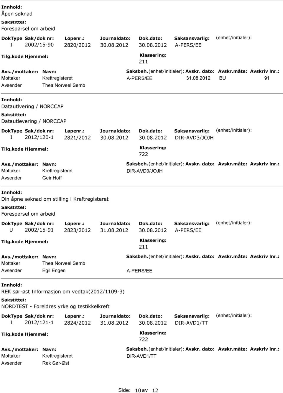 Forespørsel om arbeid 2002/15-91 2823/2012 A-PERS/EE 211 Mottaker Thea Norveel Semb Egil Engen A-PERS/EE REK sør-øst nformasjon