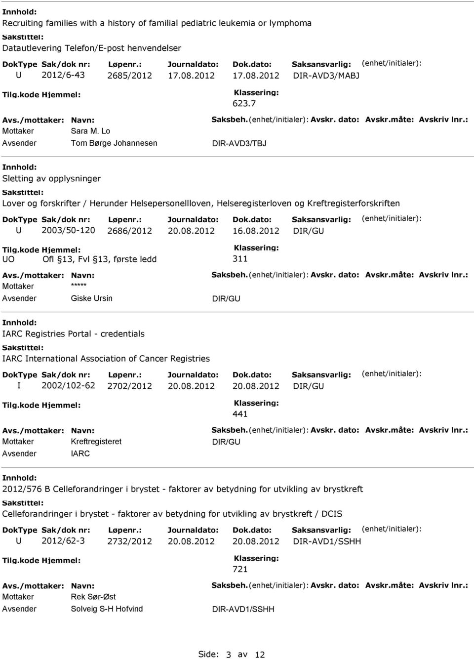 kode O Hjemmel: Ofl 13, Fvl 13, første ledd 311 Mottaker ***** Giske rsin ARC Registries Portal - credentials ARC nternational Association of Cancer Registries 2002/102-62 2702/2012 441 ARC 2012/576