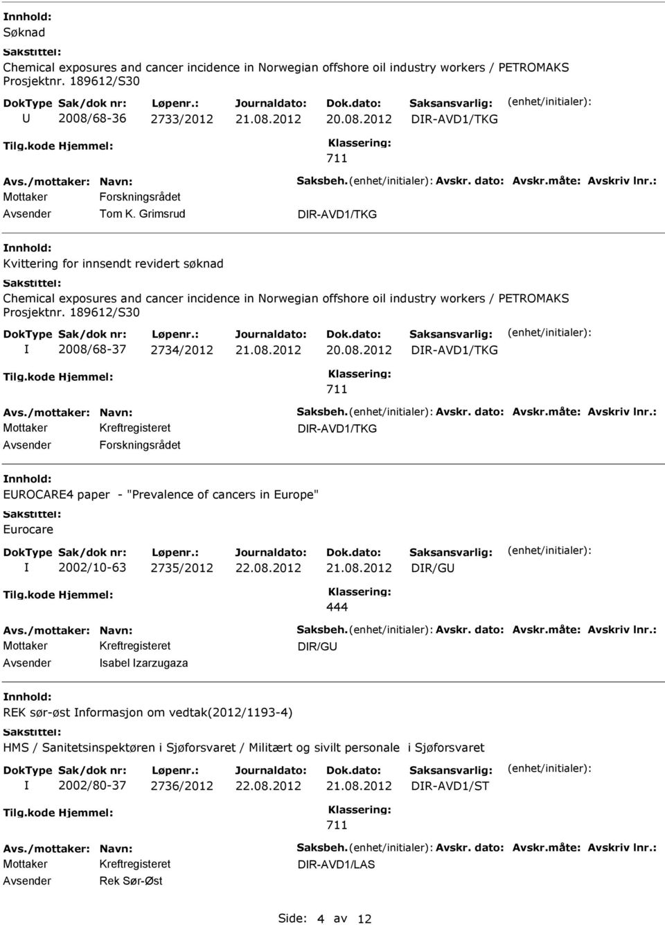 189612/S30 2008/68-37 2734/2012 21.08.2012 DR-AVD1/TKG 711 DR-AVD1/TKG Forskningsrådet EROCARE4 paper - "Prevalence of cancers in Europe" Eurocare 2002/10-63 2735/2012 21.08.2012 444 sabel zarzugaza REK sør-øst nformasjon om vedtak(2012/1193-4) HMS / Sanitetsinspektøren i Sjøforsvaret / Militært og sivilt personale i Sjøforsvaret 2002/80-37 2736/2012 21.