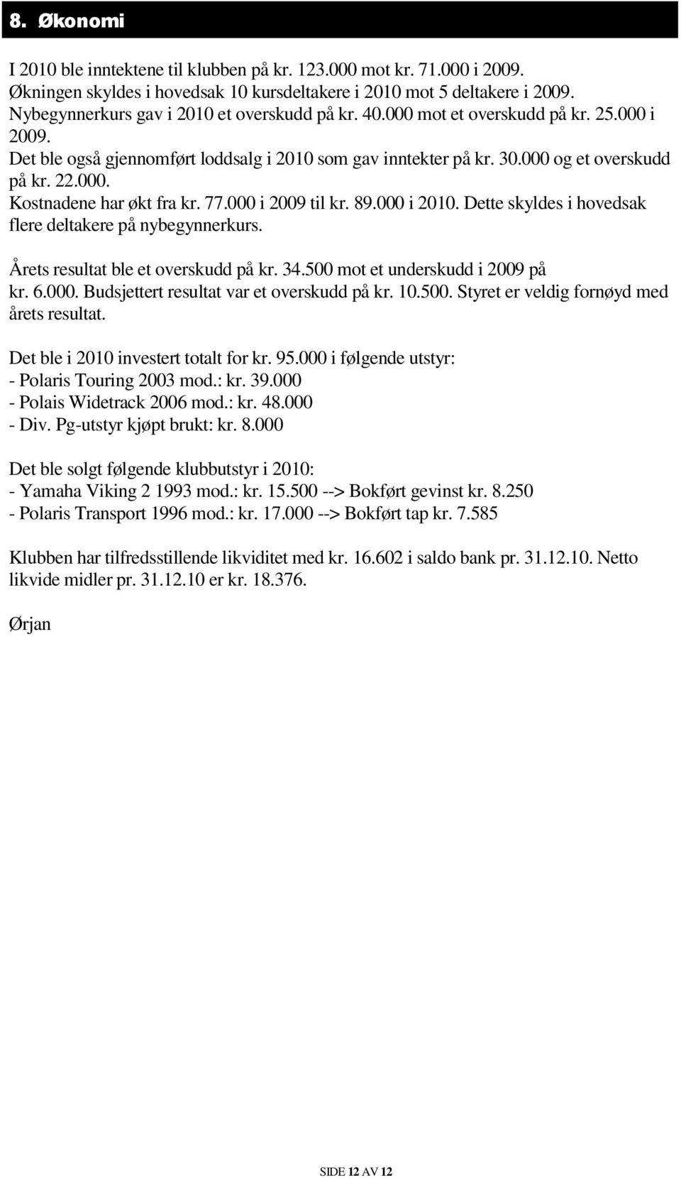 77.000 i 2009 til kr. 89.000 i 2010. Dette skyldes i hovedsak flere deltakere på nybegynnerkurs. Årets resultat ble et overskudd på kr. 34.500 mot et underskudd i 2009 på kr. 6.000. Budsjettert resultat var et overskudd på kr.