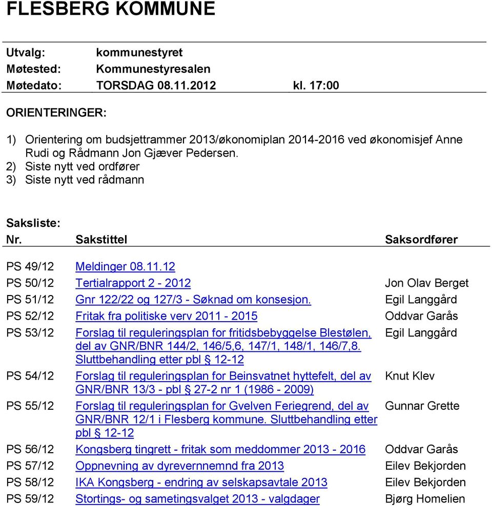 2) Siste nytt ved ordfører 3) Siste nytt ved rådmann Saksliste: Nr. Sakstittel Saksordfører PS 49/12 Meldinger 08.11.