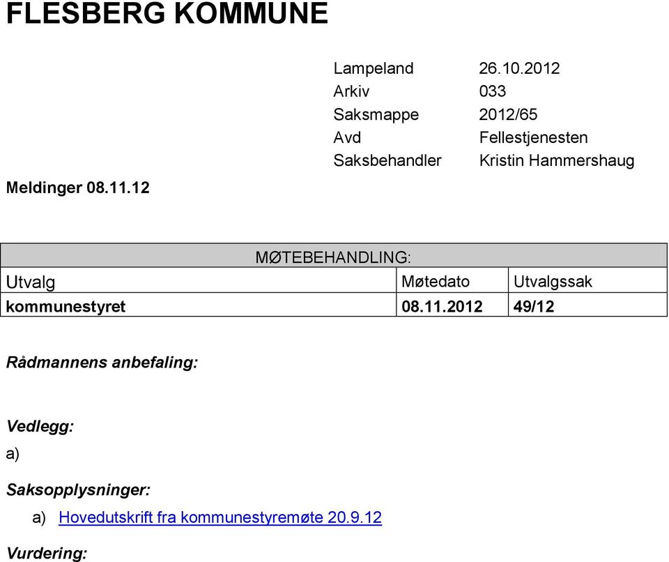 Hammershaug MØTEBEHANDLING: Utvalg Møtedato Utvalgssak kommunestyret 08.11.