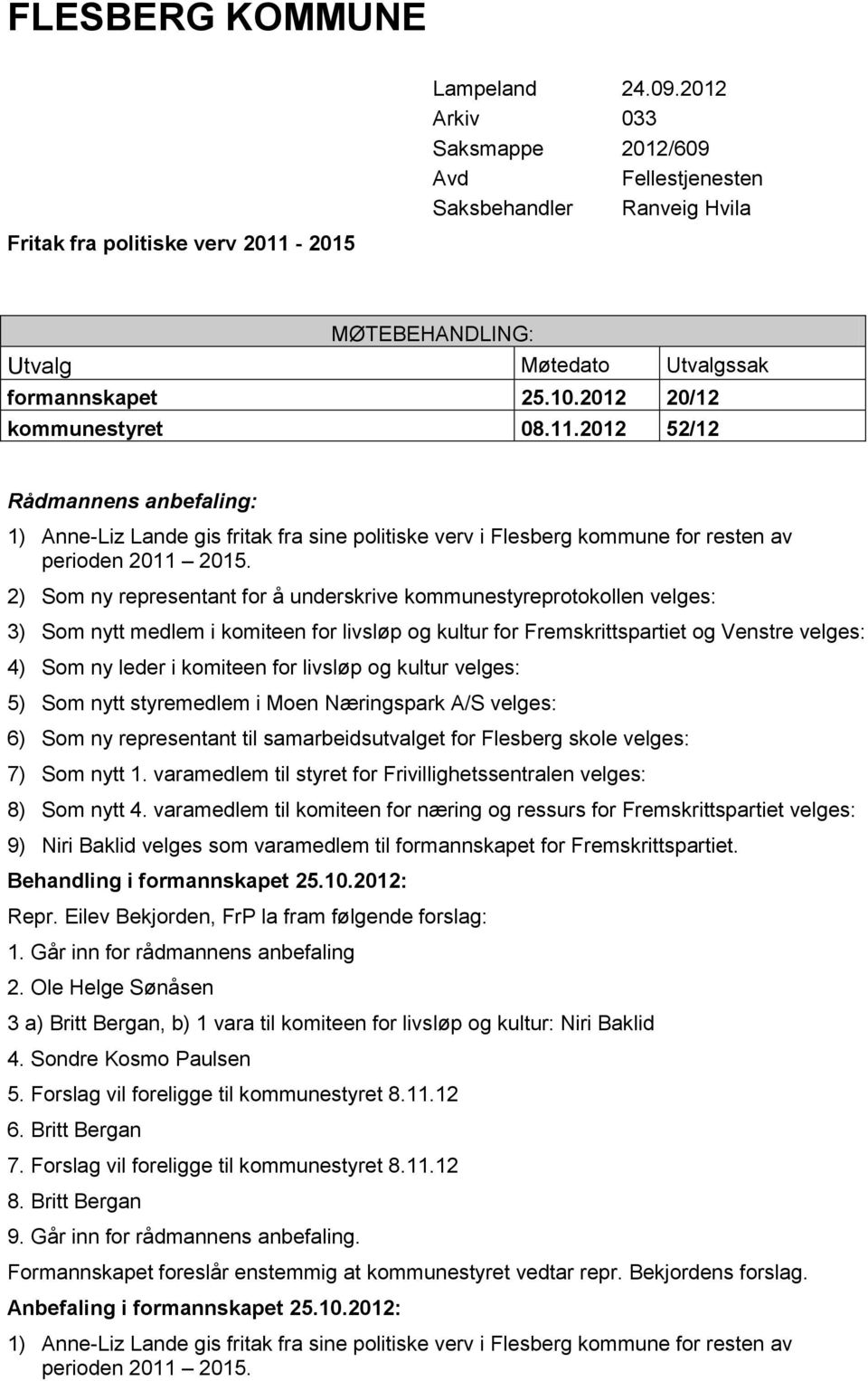 2012 52/12 Rådmannens anbefaling: 1) Anne-Liz Lande gis fritak fra sine politiske verv i Flesberg kommune for resten av perioden 2011 2015.