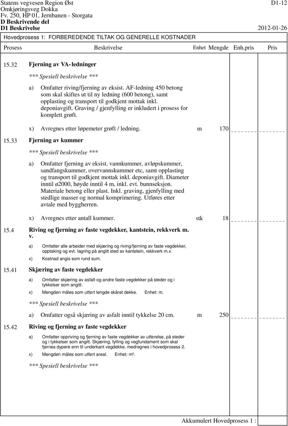 Graving / gjenfylling er inkludert i prosess for komplett grøft. Avregnes etter løpemeter grøft / ledning. m 170 15.33 Fjerning av kummer Omfatter fjerning av eksist.