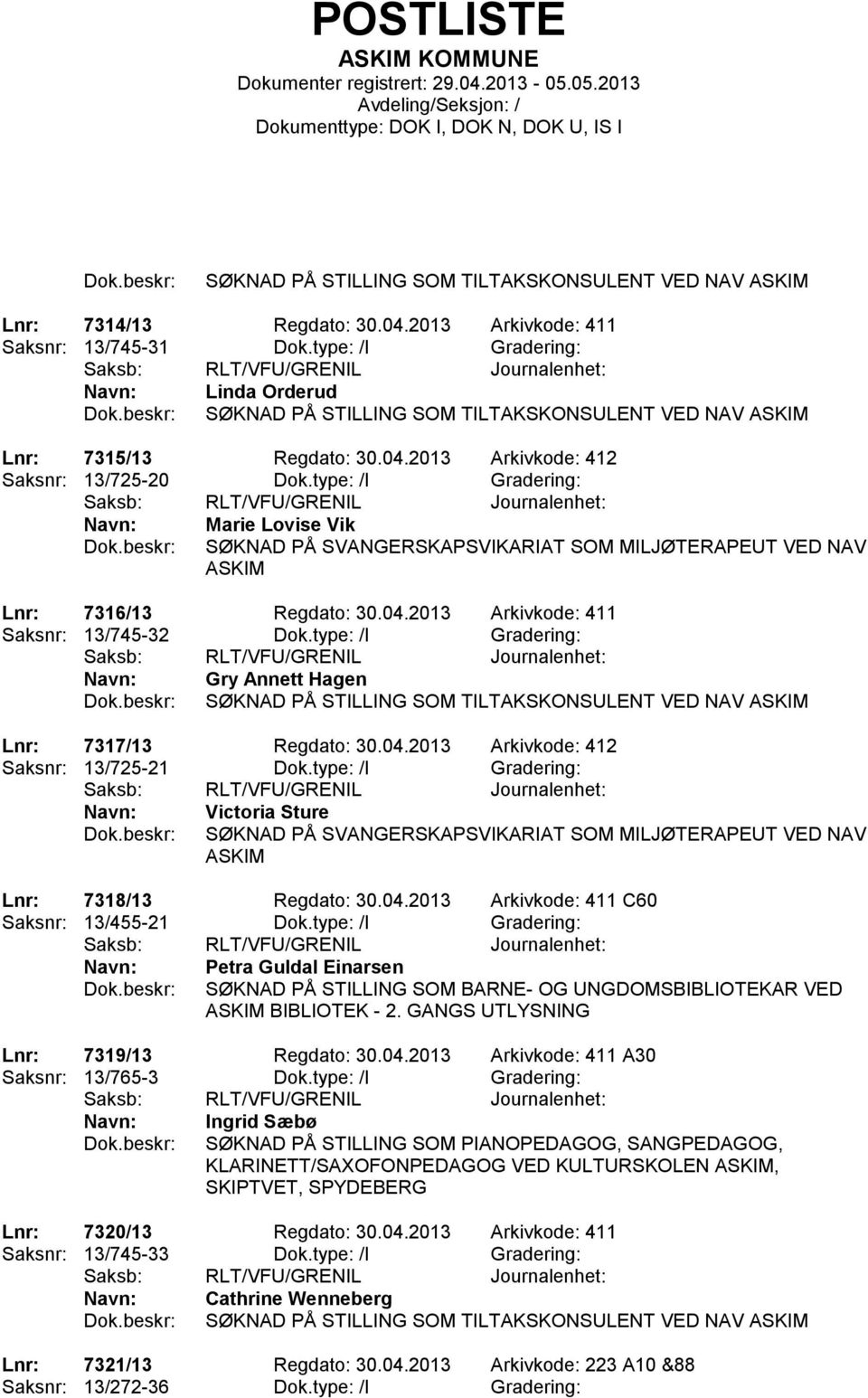 type: /I Gradering: Marie Lovise Vik SØKNAD PÅ SVANGERSKAPSVIKARIAT SOM MILJØTERAPEUT VED NAV ASKIM Lnr: 7316/13 Regdato: 30.04.2013 Arkivkode: 411 Saksnr: 13/745-32 Dok.