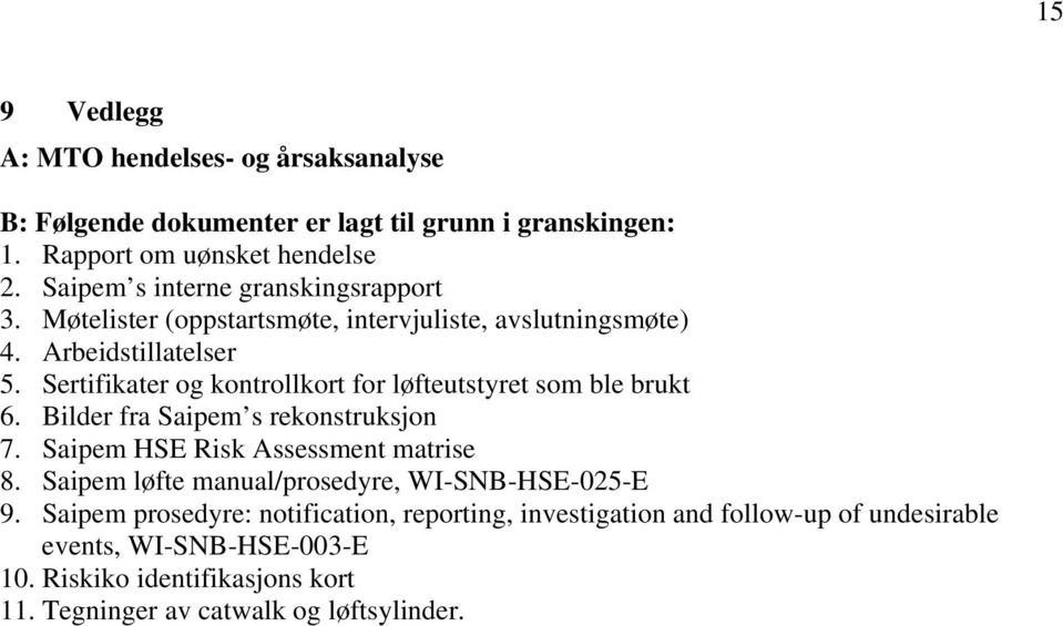 Sertifikater og kontrollkort for løfteutstyret som ble brukt 6. Bilder fra Saipem s rekonstruksjon 7. Saipem HSE Risk Assessment matrise 8.