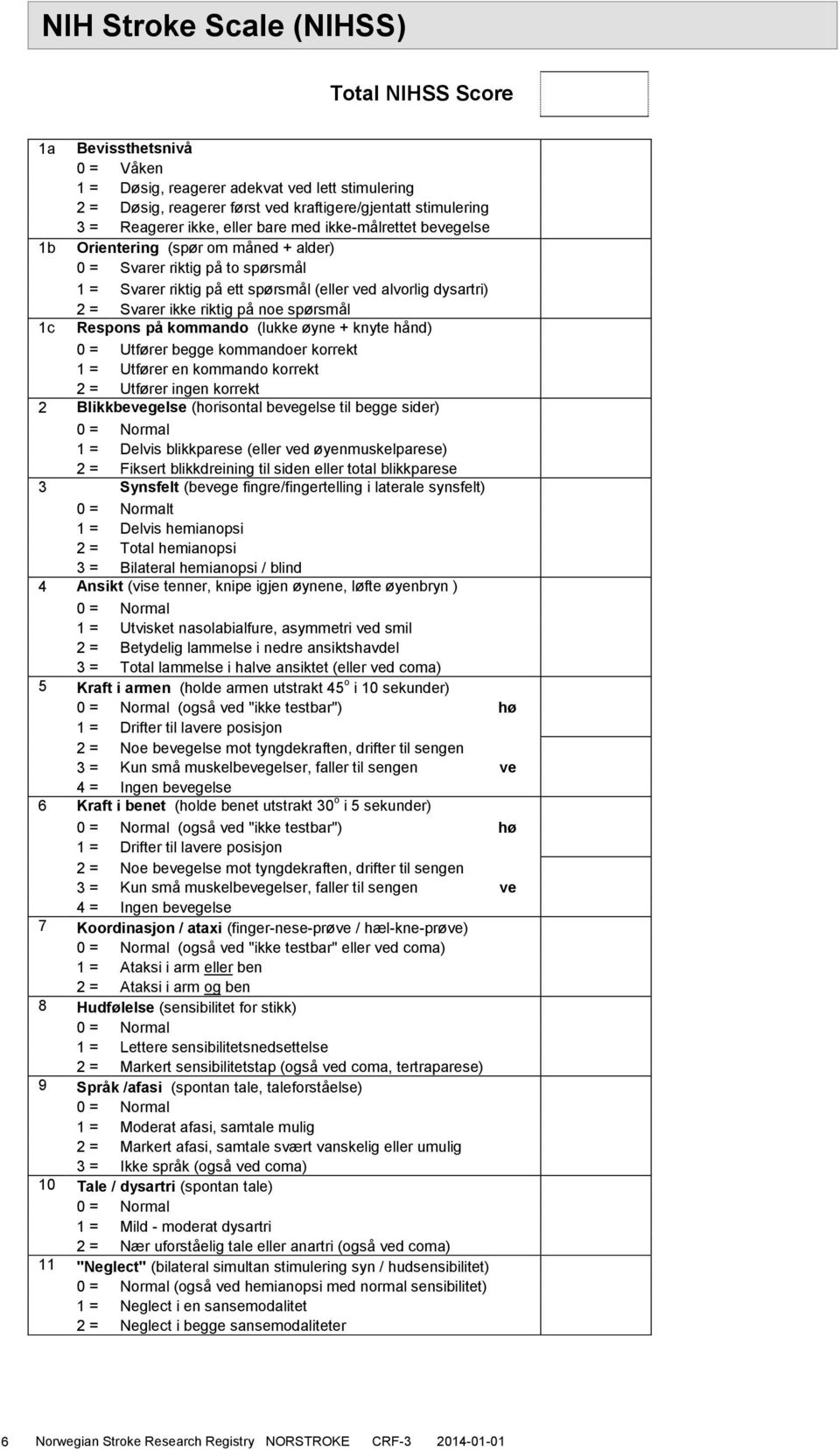 riktig på noe spørsmål 1c Respons på kommando (lukke øyne + knyte hånd) 0 = Utfører begge kommandoer korrekt 1 = Utfører en kommando korrekt 2 = Utfører ingen korrekt 2 Blikkbevegelse (horisontal