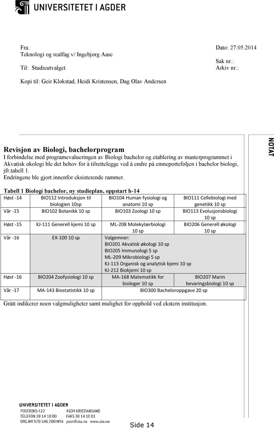 Akvatisk økologi ble det behov for å tilrettelegge ved å endre på emneporteføljen i bachelor biologi, jfr.tabell 1. Endringene ble gjort innenfor eksisterende rammer.