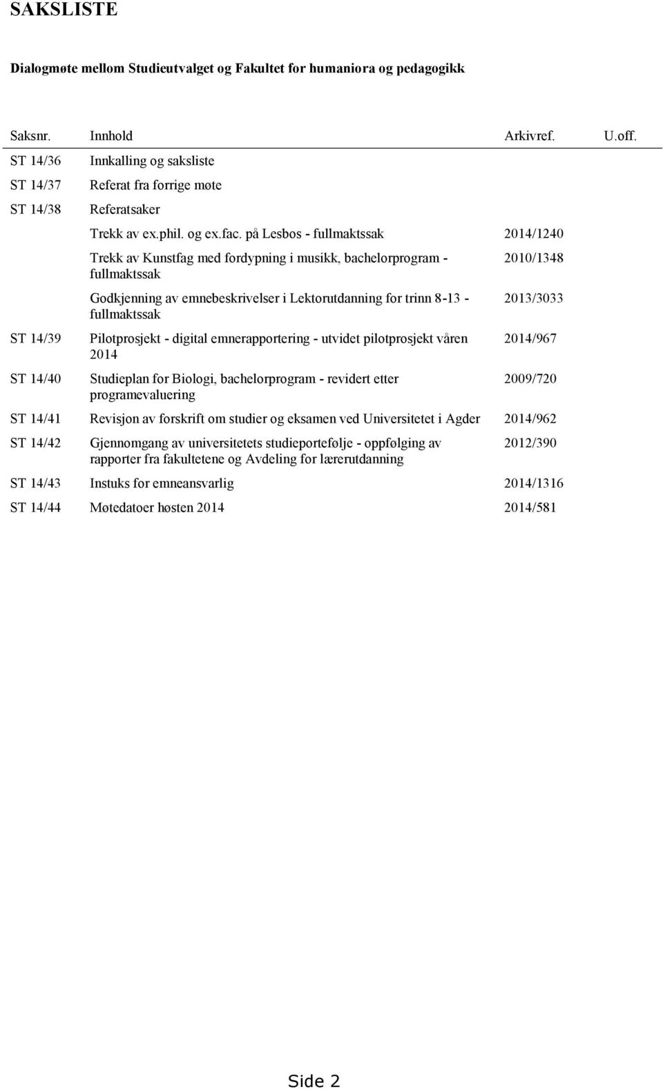 på Lesbos - fullmaktssak 2014/1240 Trekk av Kunstfag med fordypning i musikk, bachelorprogram - fullmaktssak Godkjenning av emnebeskrivelser i Lektorutdanning for trinn 8-13 - fullmaktssak