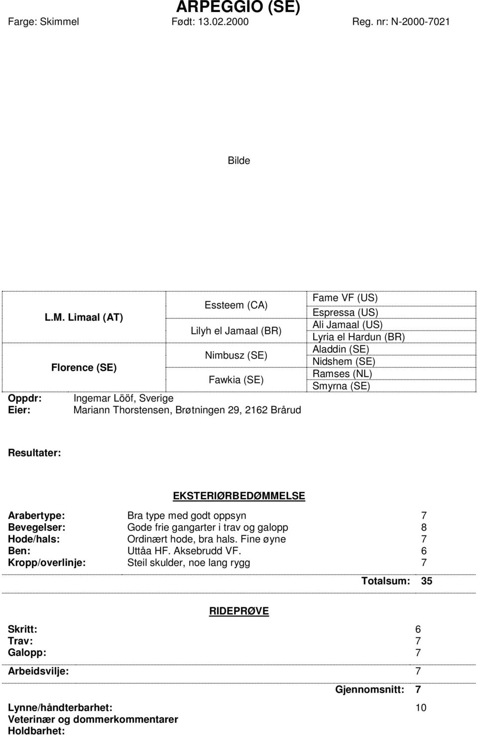 Jamaal (US) Lyria el Hardun (BR) Aladdin (SE) Nidshem (SE) Ramses (NL) Smyrna (SE) Resultater: EKSTERIØRBEDØMMELSE Arabertype: Bra type med godt oppsyn 7 Bevegelser: Gode frie gangarter i