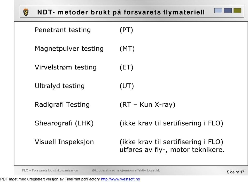 Kun X-ray) Shearografi (LHK) (ikke krav til sertifisering i FLO) Visuell