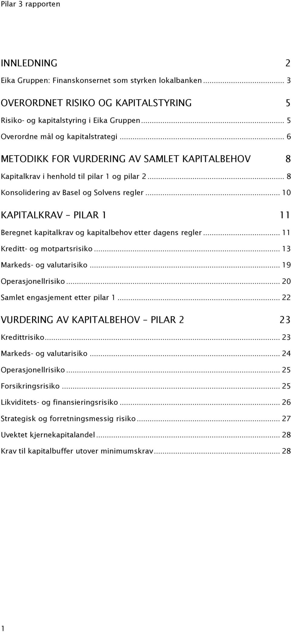 .. 10 KAPITALKRAV PILAR 1 11 Beregnet kapitalkrav og kapitalbehov etter dagens regler... 11 Kreditt- og motpartsrisiko... 13 Markeds- og valutarisiko... 19 Operasjonellrisiko.