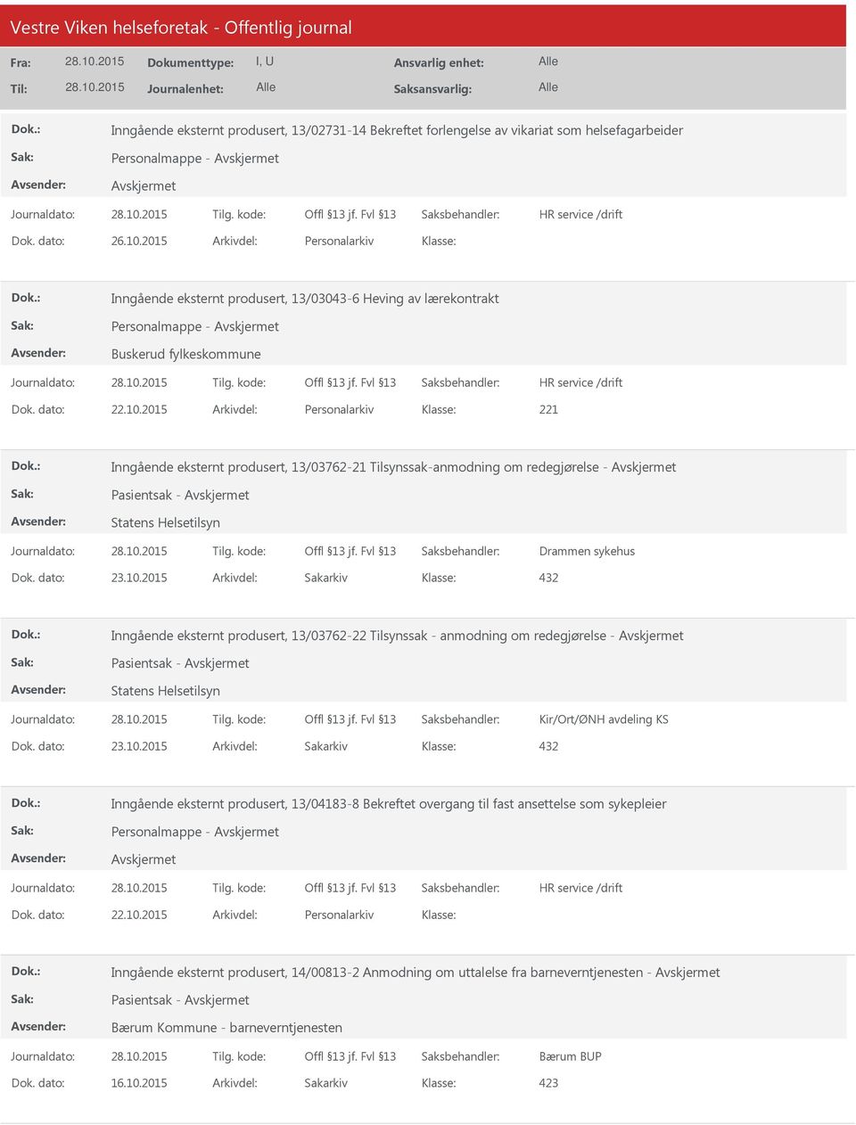 2015 Arkivdel: Personalarkiv Inngående eksternt produsert, 13/03762-21 Tilsynssak-anmodning om redegjørelse - Pasientsak - Statens Helsetilsyn Drammen sykehus Dok. dato: 23.10.