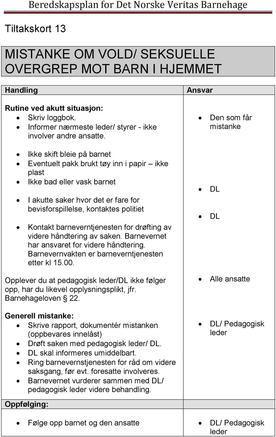 Kontakt barneverntjenesten for drøfting av videre håndtering av saken. Barnevernet har ansvaret for videre håndtering. Barnevernvakten er barneverntjenesten etter kl 15.00.