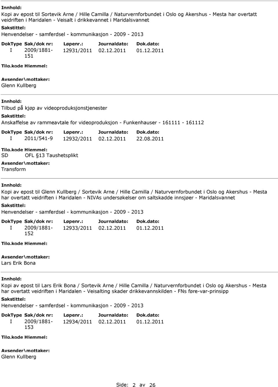 2011 Kopi av epost til Glenn Kullberg / Sortevik Arne / Hille Camilla / Naturvernforbundet i Oslo og Akershus - Mesta har overtatt veidriften i Maridalen - NVAs undersøkelser om saltskadde innsjøer -