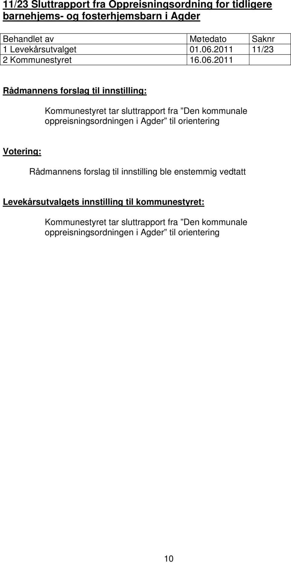 2011 Rådmannens forslag til innstilling: Kommunestyret tar sluttrapport fra Den kommunale oppreisningsordningen i Agder til