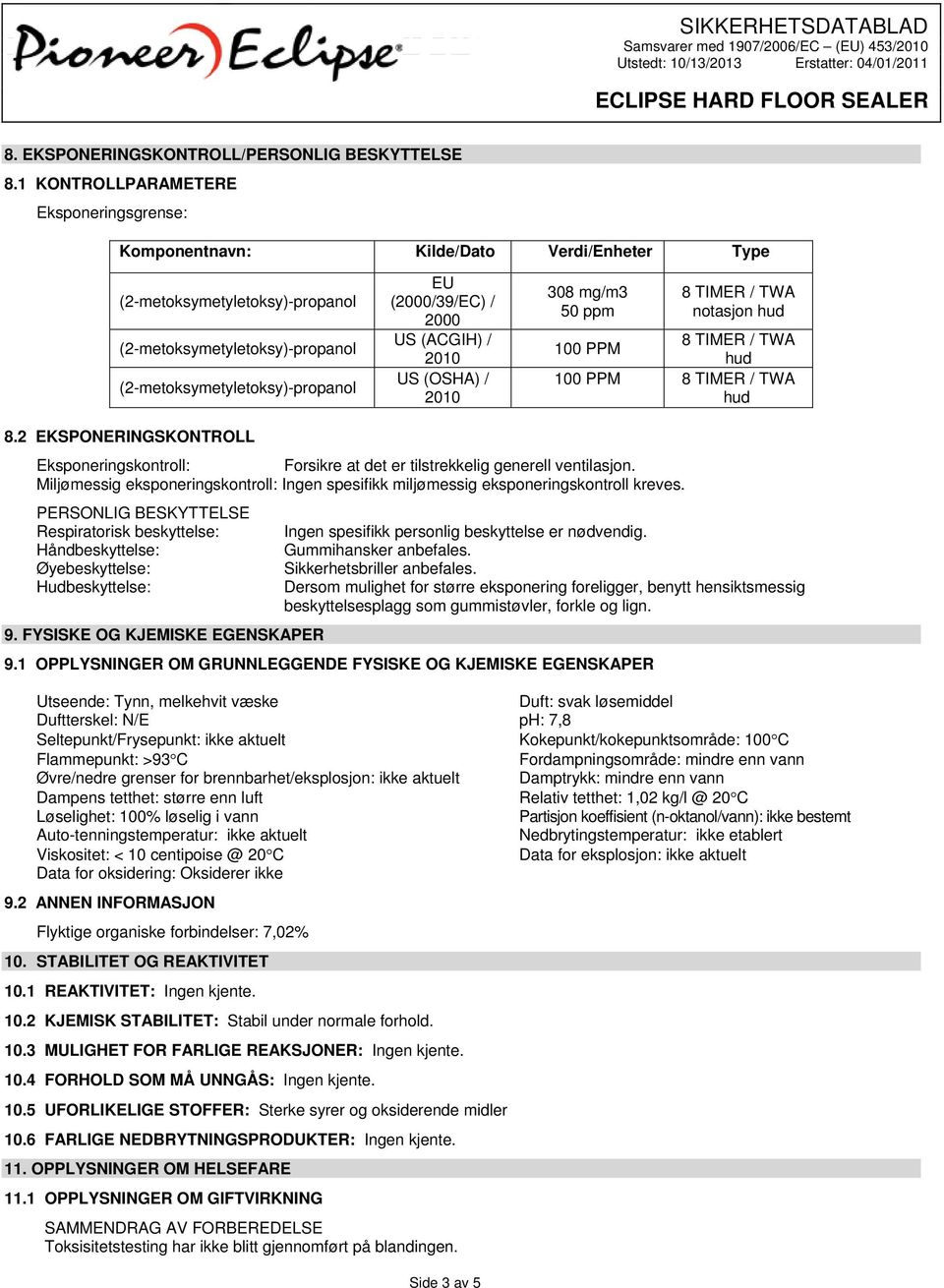 TIMER / TWA hud 100 PPM 8 TIMER / TWA hud 8.2 EKSPONERINGSKONTROLL Eksponeringskontroll: Forsikre at det er tilstrekkelig generell ventilasjon.