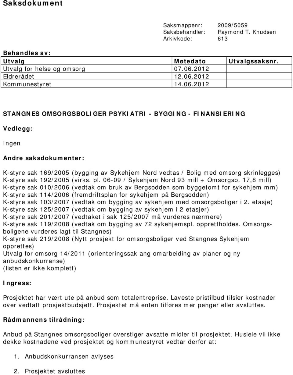 sak 192/2005 (virks. pl. 06-09 / Sykehjem Nord 93 mill + Omsorgsb.