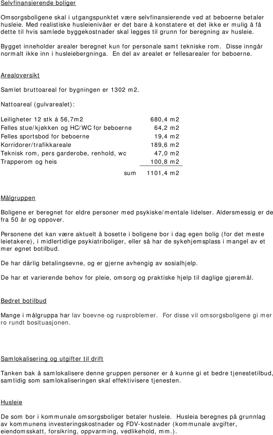 Bygget inneholder arealer beregnet kun for personale samt tekniske rom. Disse inngår normalt ikke inn i husleiebergninga. En del av arealet er fellesarealer for beboerne.