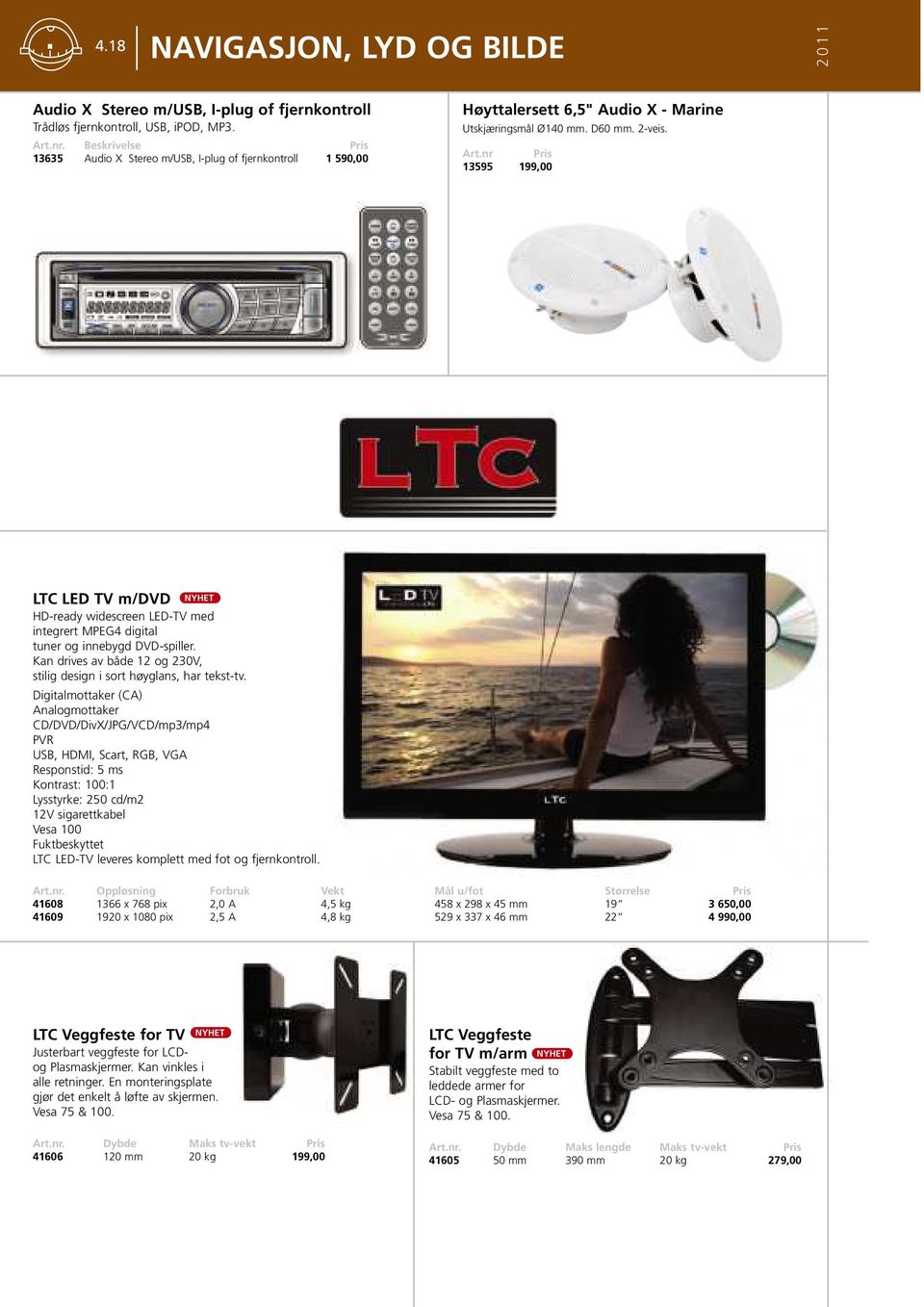 nr 13595 199,00 LTC LED TV m/dvd HD-ready widescreen LED-TV med integrert MPEG4 digital tuner og innebygd DVD-spiller. Kan drives av både 12 og 230V, stilig design i sort høyglans, har tekst-tv.