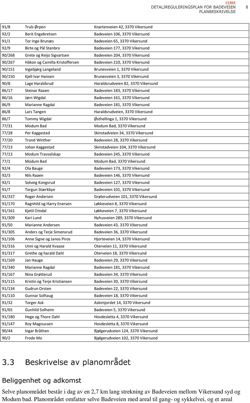 90/150 Kjell Ivar Hansen Brunesveien 3, 3370 Vikersund 90/8 Lage Haraldsrud Haraldsrudveien 82, 3370 Vikersund 86/17 Steinar Raaen Badeveien 183, 3370 Vikersund 86/16 Jørn Wigdal Badeveien 161, 3370