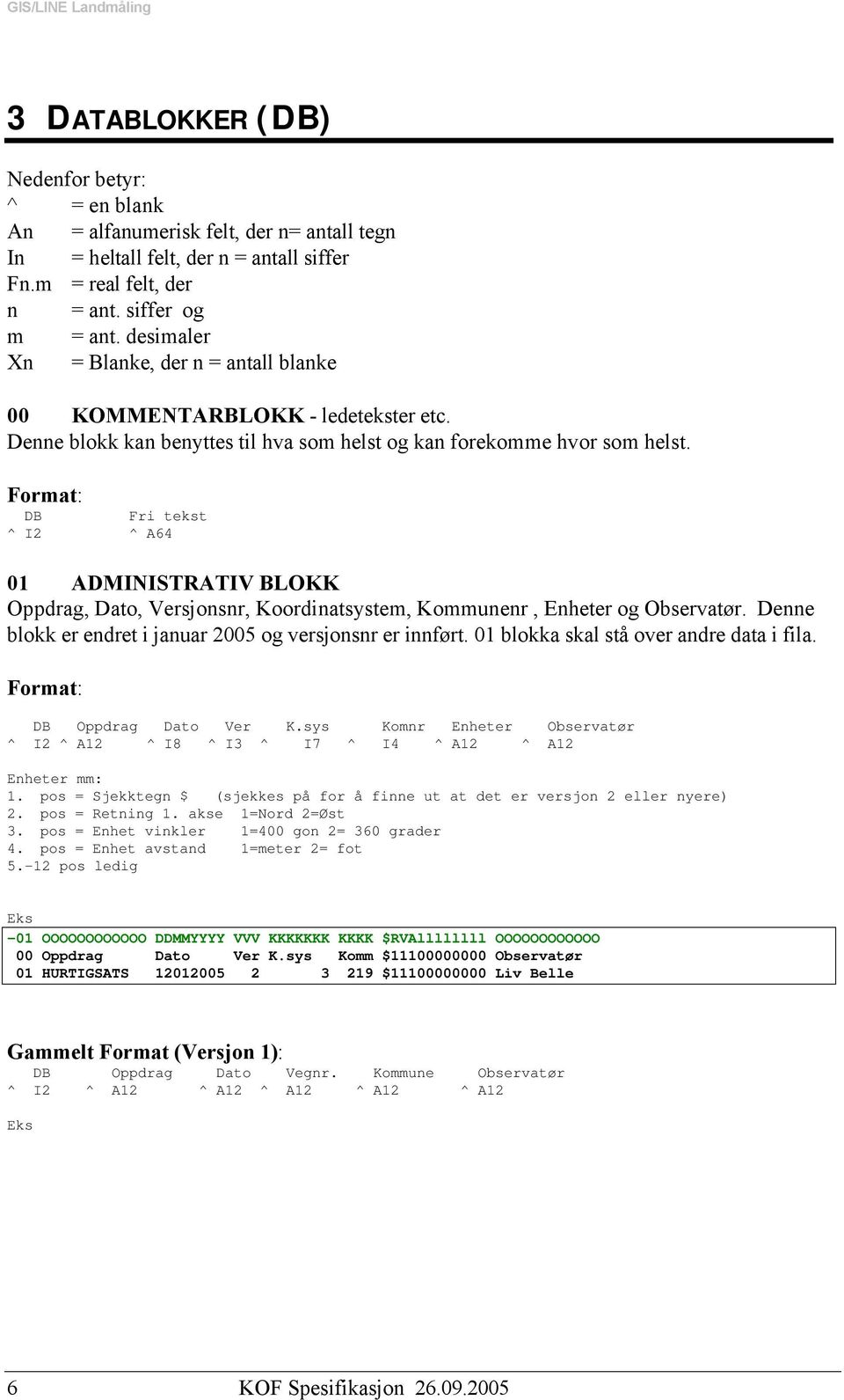 DB ^ I2 Fri tekst ^ A64 01 ADMINISTRATIV BLOKK Oppdrag, Dato, Versjonsnr, Koordinatsystem, Kommunenr, Enheter og Observatør. Denne blokk er endret i januar 2005 og versjonsnr er innført.