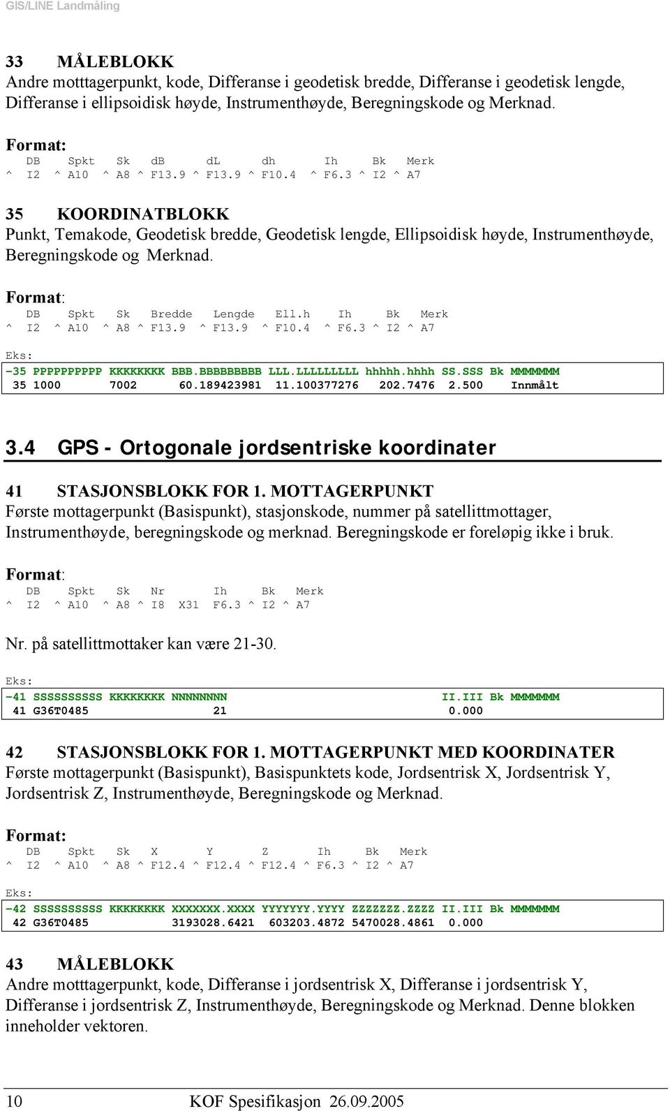 3 ^ I2 ^ A7 35 KOORDINATBLOKK Punkt, Temakode, Geodetisk bredde, Geodetisk lengde, Ellipsoidisk høyde, Instrumenthøyde, Beregningskode og Merknad. DB Spkt Sk Bredde Lengde Ell.