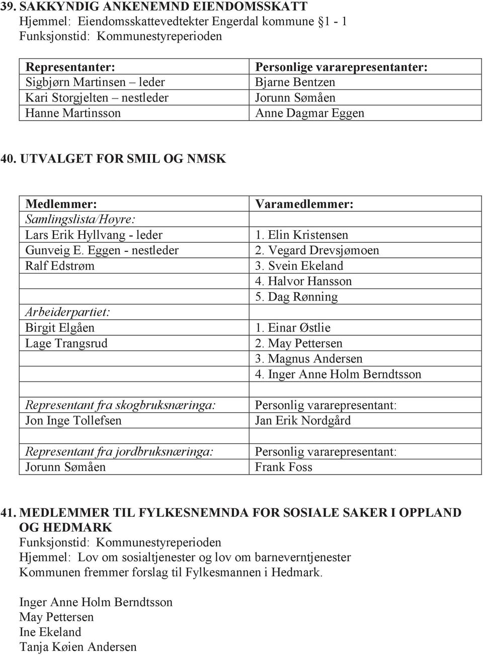 Eggen - nestleder Ralf Edstrøm Arbeiderpartiet: Representant fra skogbruksnæringa: Jon Inge Tollefsen Representant fra jordbruksnæringa: Jorunn Sømåen 1. Elin Kristensen 2. Vegard Drevsjømoen 3.