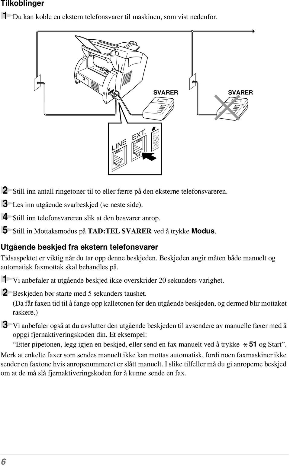 Utgående beskjed fra ekstern telefonsvarer Tidsaspektet er viktig når du tar opp denne beskjeden. Beskjeden angir måten både manuelt og automatisk faxmottak skal behandles på.