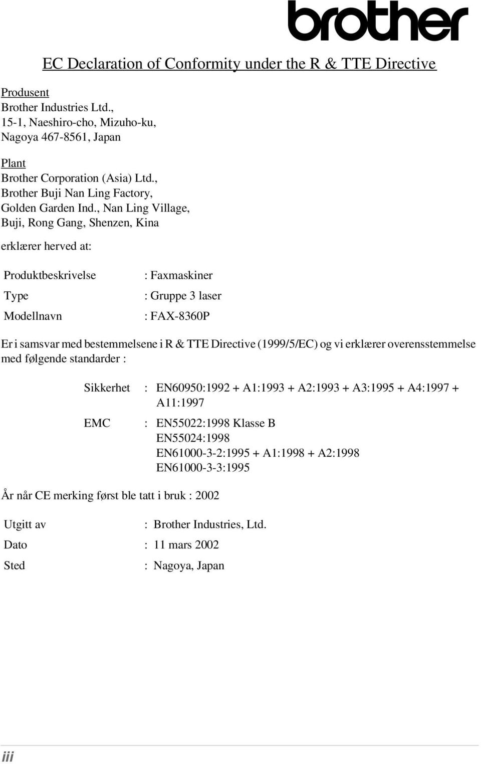 , Nan Ling Village, Buji, Rong Gang, Shenzen, Kina erklærer herved at: Produktbeskrivelse Type Modellnavn : Faxmaskiner : Gruppe 3 laser : FAX-8360P Er i samsvar med bestemmelsene i R & TTE Directive