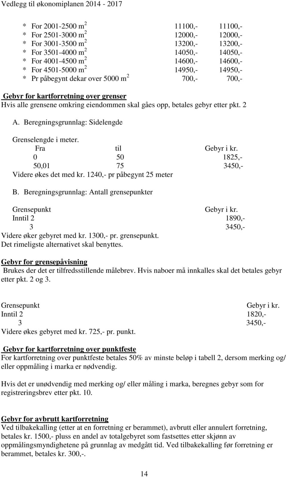 Beregningsgrunnlag: Sidelengde Grenselengde i meter. Fra til Gebyr i kr. 0 50 1825,- 50,01 75 3450,- Videre økes det med kr. 1240,- pr påbegynt 25 meter B.