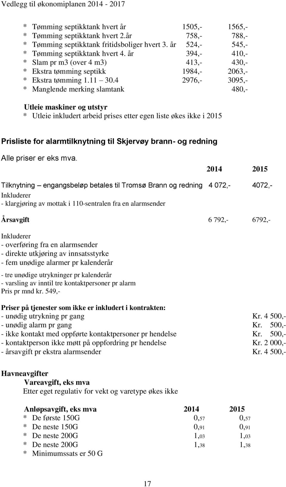 4 2976,- 3095,- * Manglende merking slamtank 480,- Utleie maskiner og utstyr * Utleie inkludert arbeid prises etter egen liste økes ikke i 2015 Prisliste for alarmtilknytning til Skjervøy brann- og