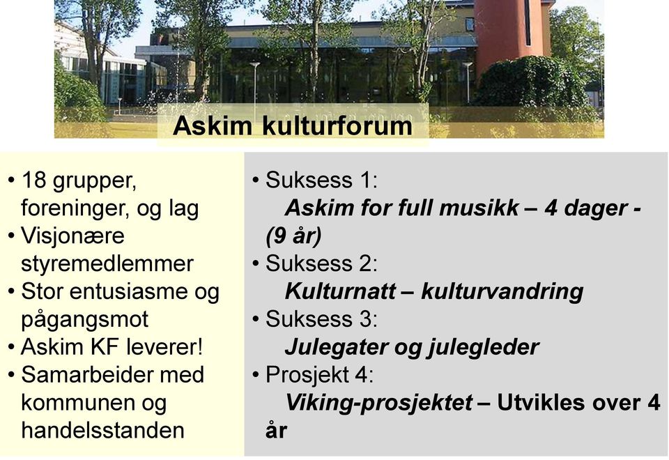 Samarbeider med kommunen og handelsstanden Suksess 1: Askim for full musikk 4 dager