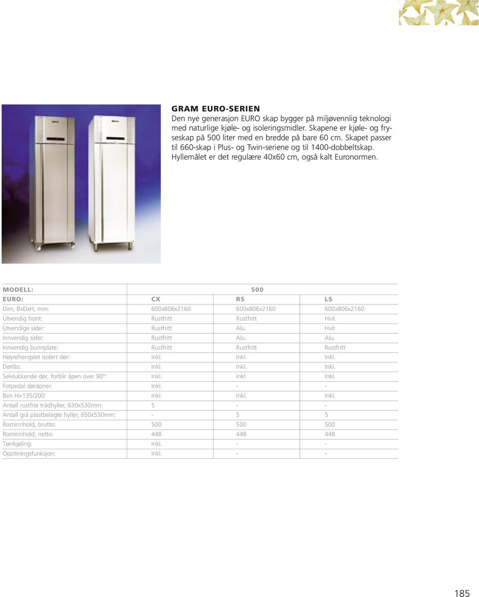 MODELL: 500 EURO: CX RS LS Dim, BxDxH, mm: 600x806x2160 600x806x2160 600x806x2160 Utvendig front: Rustfritt Rustfritt Hvit Utvendige sider: Rustfritt Alu.