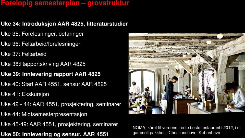 sensur AAR 4825 Uke 41: Ekskursjon Uke 42-44: AAR 4551, prosjektering, seminarer Uke 44: Midtsemesterpresentasjon Uke 45-49: AAR 4551,