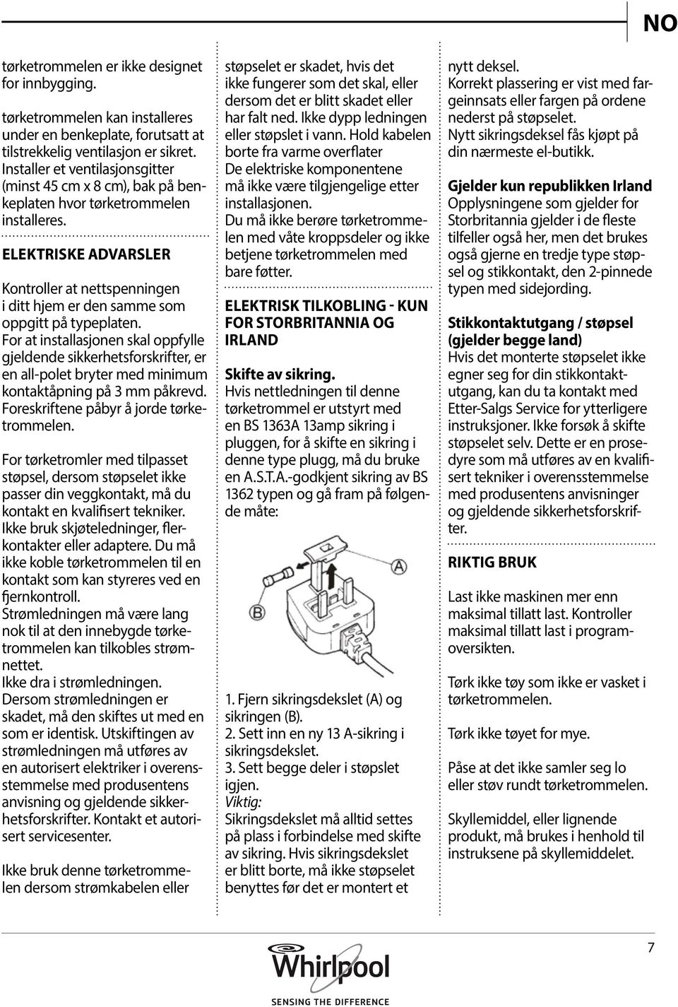 ELEKTRISKE ADVARSLER Kontroller at nettspenningen i ditt hjem er den samme som oppgitt på typeplaten.