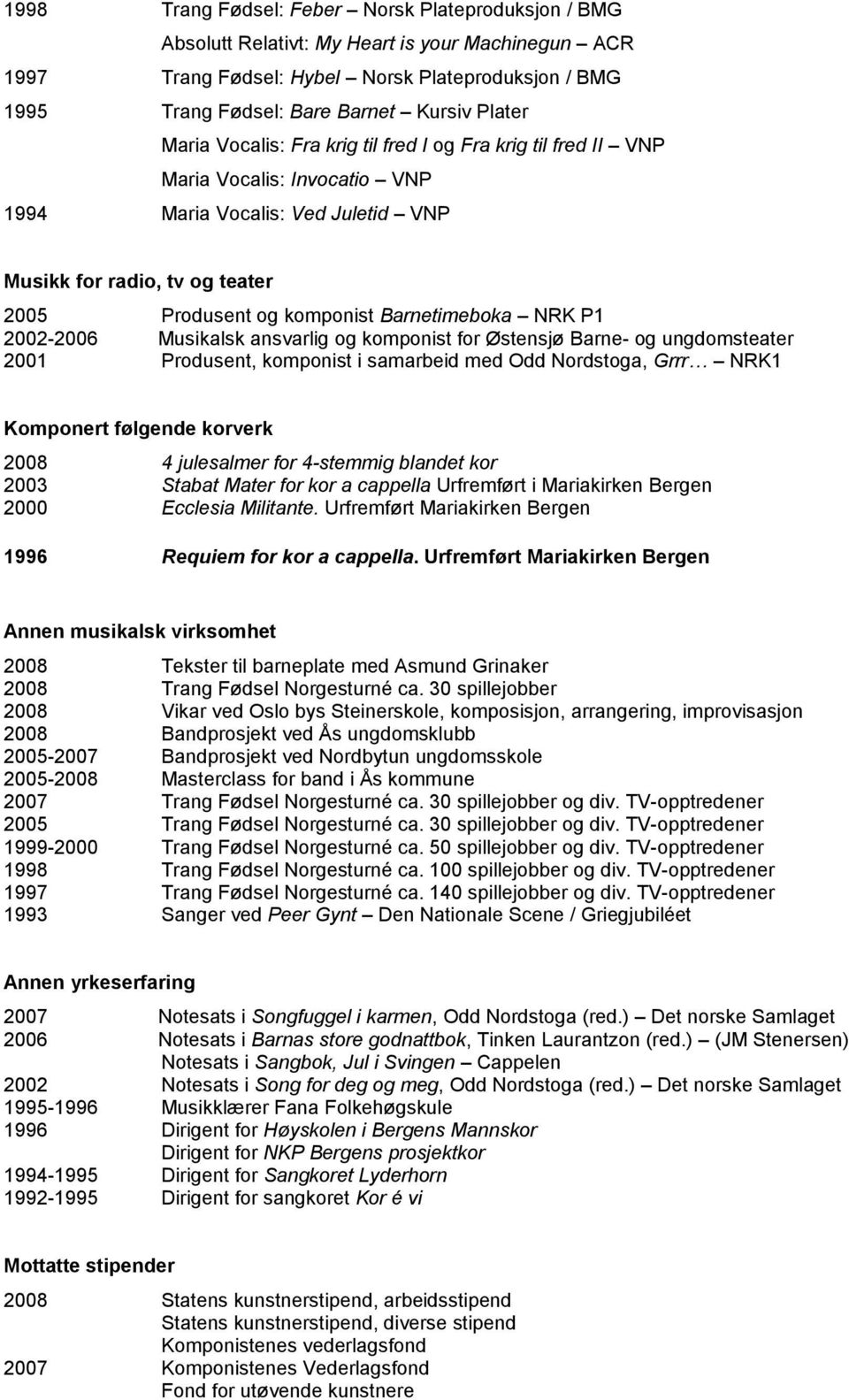 Barnetimeboka NRK P1 2002-2006 Musikalsk ansvarlig og komponist for Østensjø Barne- og ungdomsteater 2001 Produsent, komponist i samarbeid med Odd Nordstoga, Grrr NRK1 Komponert følgende korverk 2008