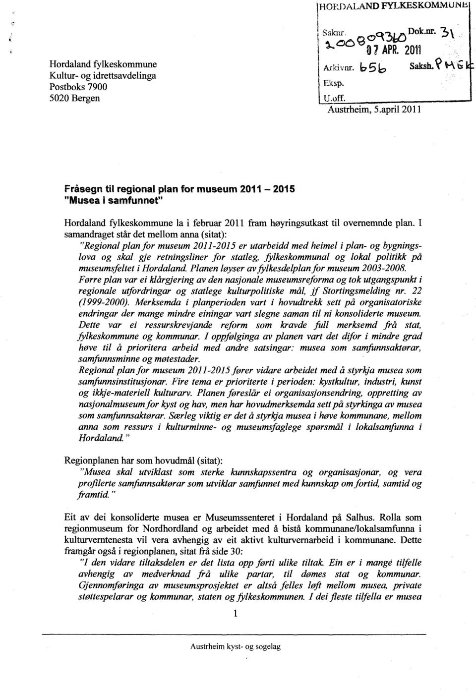 I samandraget står det mellom anna (sitat): "Regional plan for museum 2011-2015 er utarbeidd med heimel i plan- og bygningslova og skal gje retningsliner for statleg, fylkeskommunal og lokal politikk