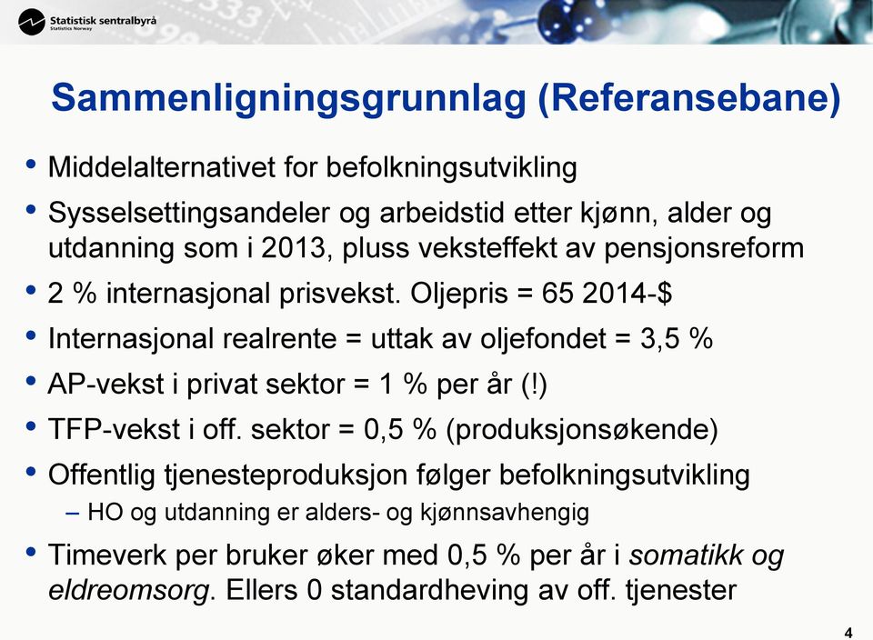 Oljepris = 65 2014-$ Internasjonal realrente = uttak av oljefondet = 3,5 % AP-vekst i privat sektor = 1 % per år (!) TFP-vekst i off.