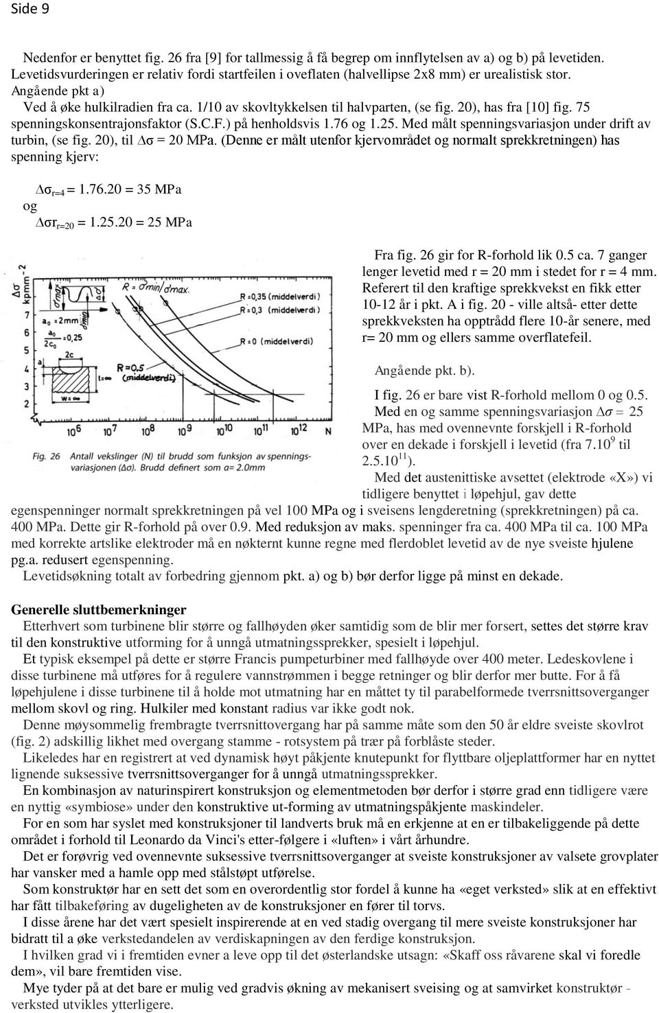 20), has fra [10] fig. 75 spenningskonsentrajonsfaktor (S.C.F.) på henholdsvis 1.76 og 1.25. Med målt spenningsvariasjon under drift av turbin, (se fig. 20), til σ = 20 MPa.