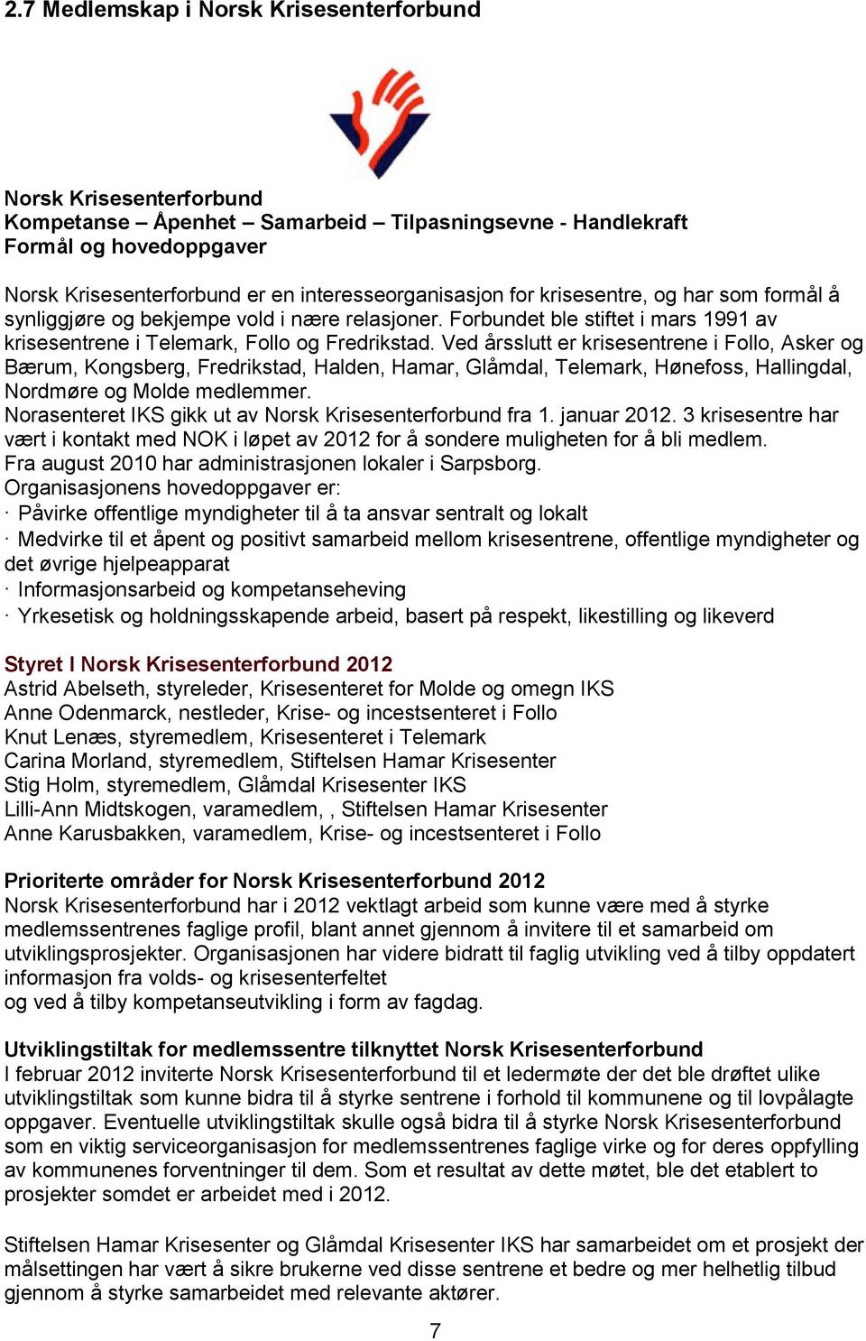 Ved årsslutt er krisesentrene i Follo, Asker og Bærum, Kongsberg, Fredrikstad, Halden, Hamar, Glåmdal, Telemark, Hønefoss, Hallingdal, Nordmøre og Molde medlemmer.