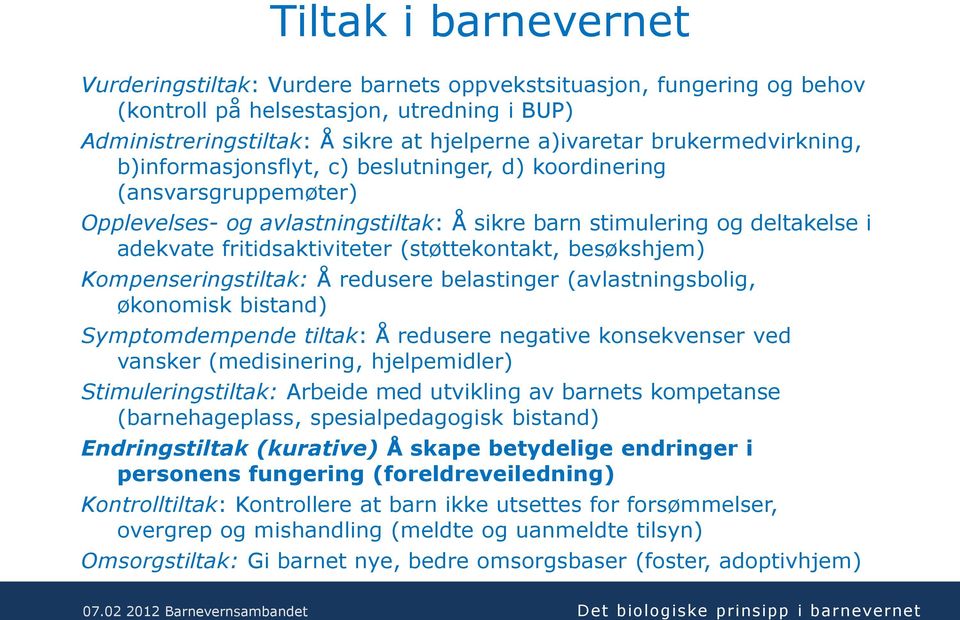 (støttekontakt, besøkshjem) Kompenseringstiltak: Å redusere belastinger (avlastningsbolig, økonomisk bistand) Symptomdempende tiltak: Å redusere negative konsekvenser ved vansker (medisinering,