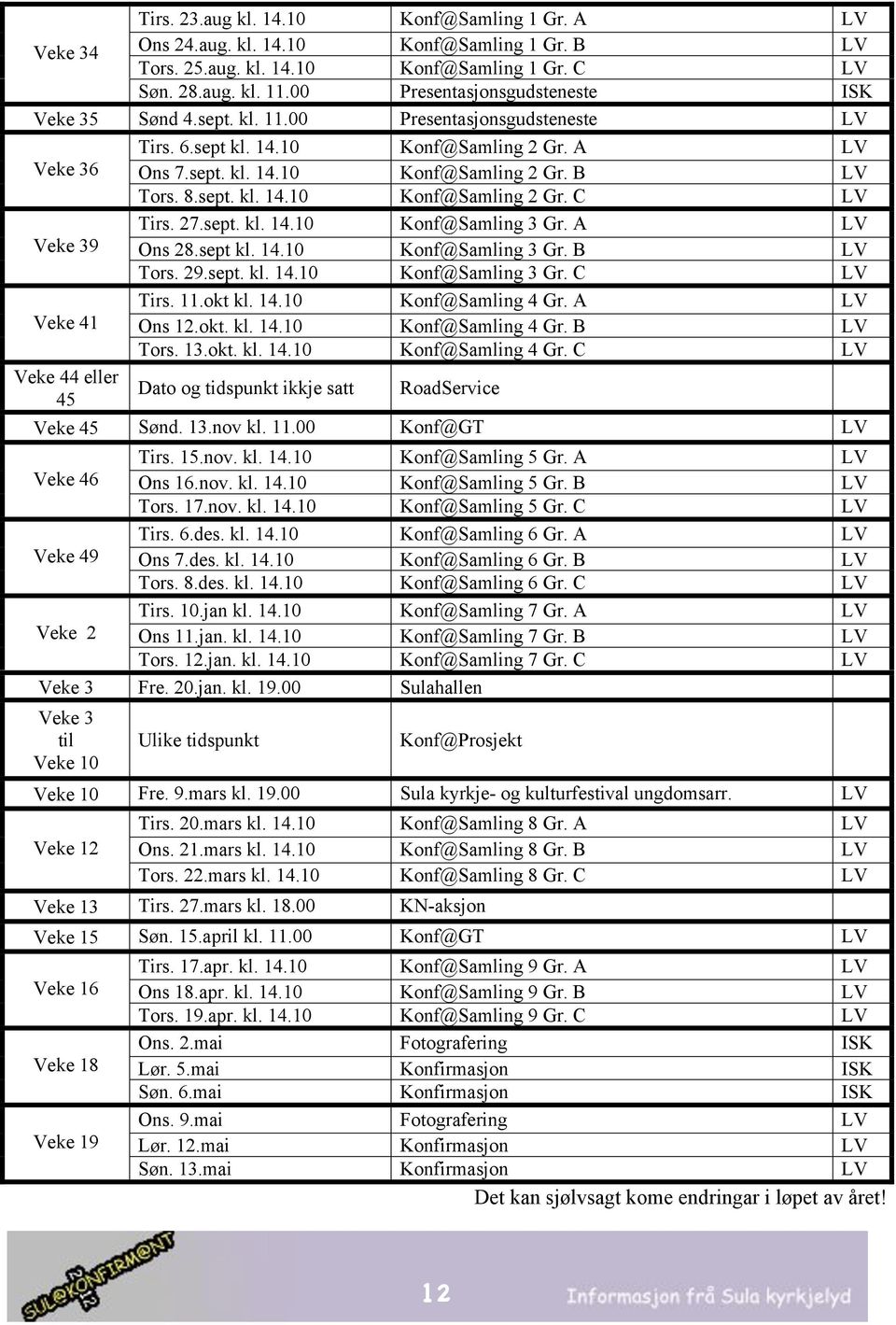 sept. kl. 14.10 Konf@Samling 2 Gr. C LV Tirs. 27.sept. kl. 14.10 Konf@Samling 3 Gr. A LV Veke 39 Ons 28.sept kl. 14.10 Konf@Samling 3 Gr. B LV Tors. 29.sept. kl. 14.10 Konf@Samling 3 Gr. C LV Tirs. 11.