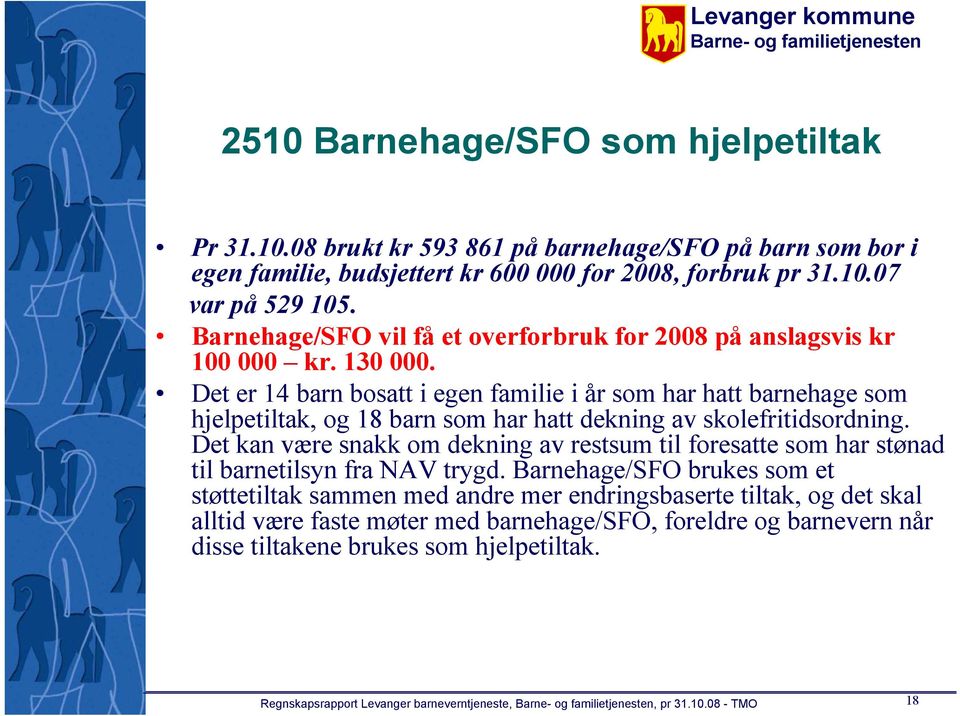 Det er 14 barn bosatt i egen familie i år som har hatt barnehage som hjelpetiltak, og 18 barn som har hatt dekning av skolefritidsordning.