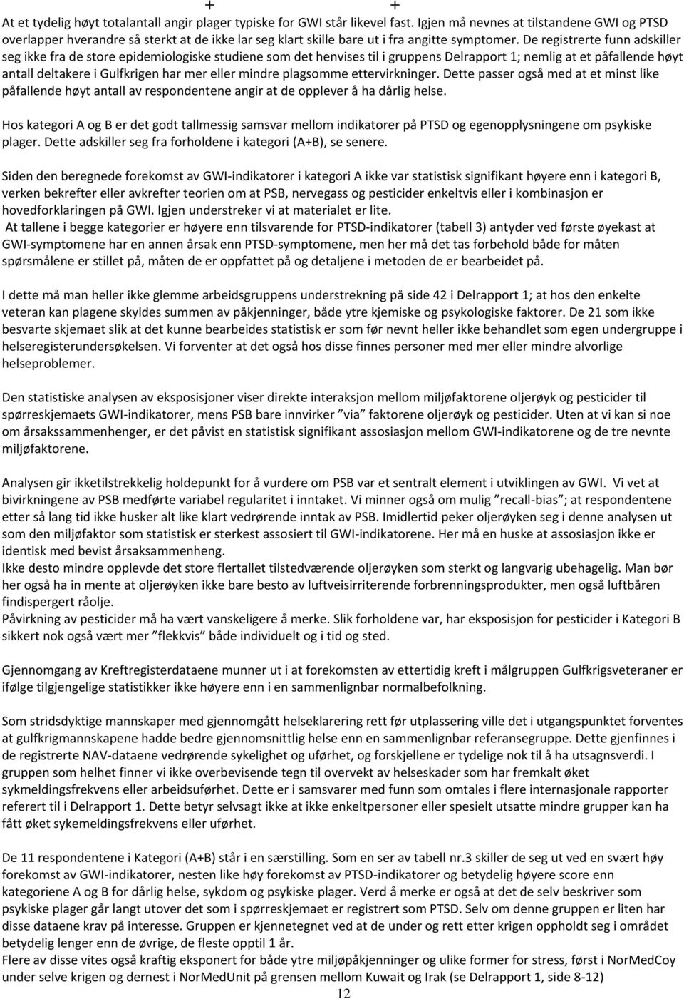 De registrerte funn adskiller seg ikke fra de store epidemiologiske studiene som det henvises til i gruppens Delrapport 1; nemlig at et påfallende høyt antall deltakere i Gulfkrigen har mer eller