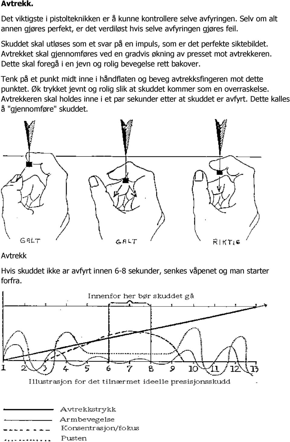 Dette skal foregå i en jevn og rolig bevegelse rett bakover. Tenk på et punkt midt inne i håndflaten og beveg avtrekksfingeren mot dette punktet.