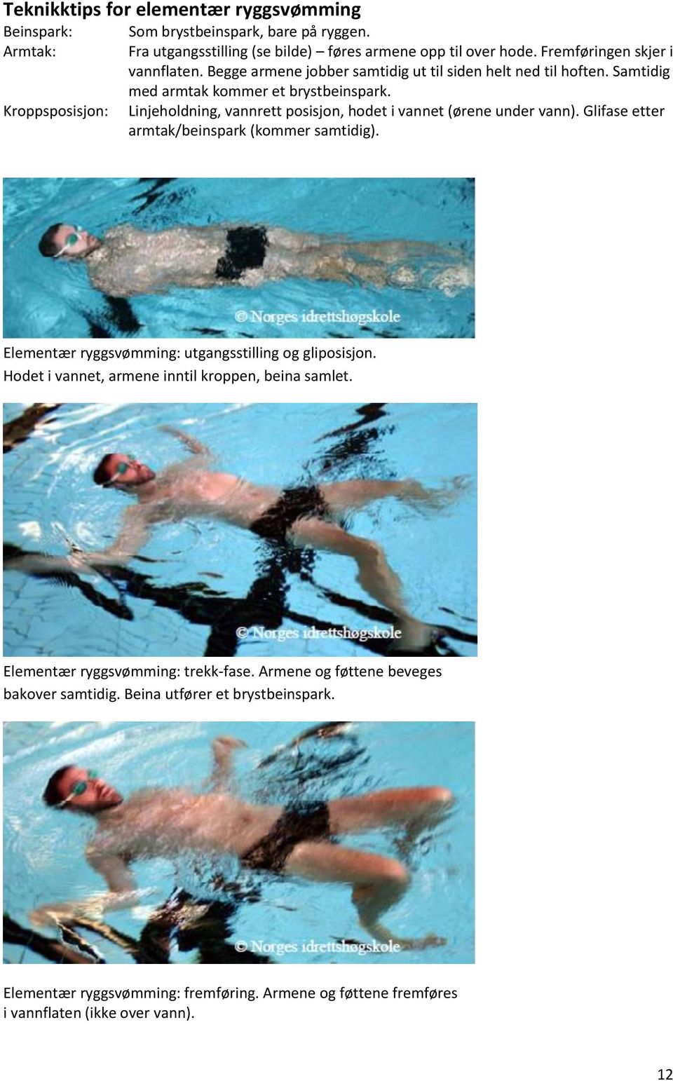 Linjeholdning, vannrett posisjon, hodet i vannet (ørene under vann). Glifase etter armtak/beinspark (kommer samtidig). Elementær ryggsvømming: utgangsstilling og gliposisjon.