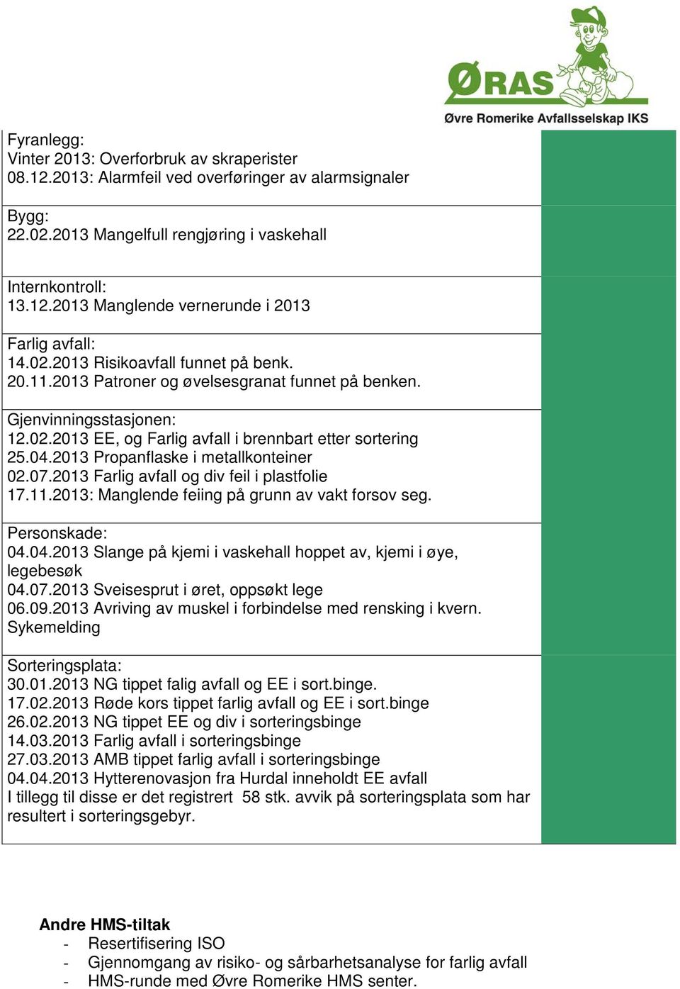 2013 Propanflaske i metallkonteiner 02.07.2013 Farlig avfall og div feil i plastfolie 17.11.2013: Manglende feiing på grunn av vakt forsov seg. Personskade: 04.