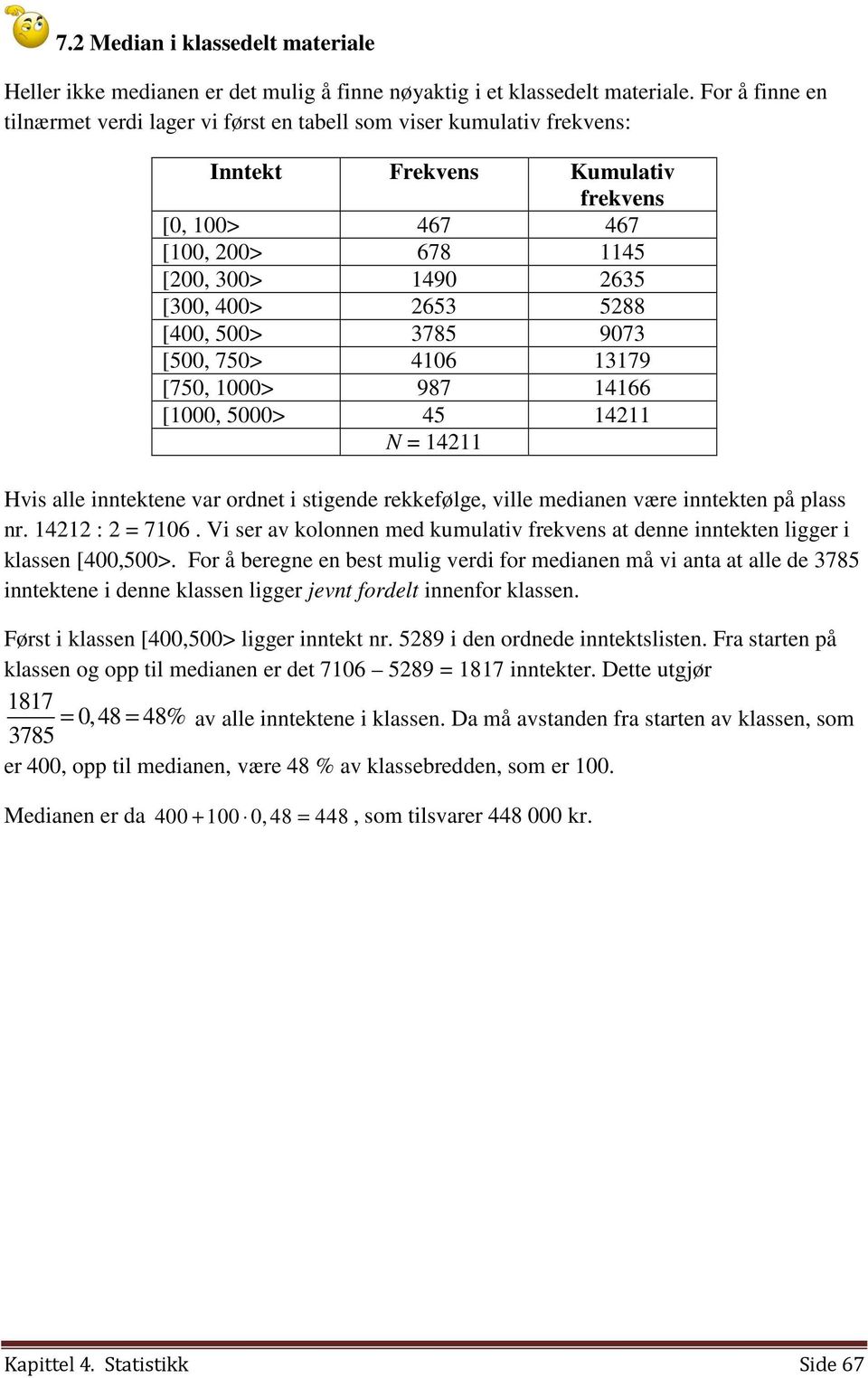 5288 [400, 500> 3785 9073 [500, 750> 4106 13179 [750, 1000> 987 14166 [1000, 5000> 45 14211 N = 14211 Hvis alle inntektene var ordnet i stigende rekkefølge, ville medianen være inntekten på plass nr.