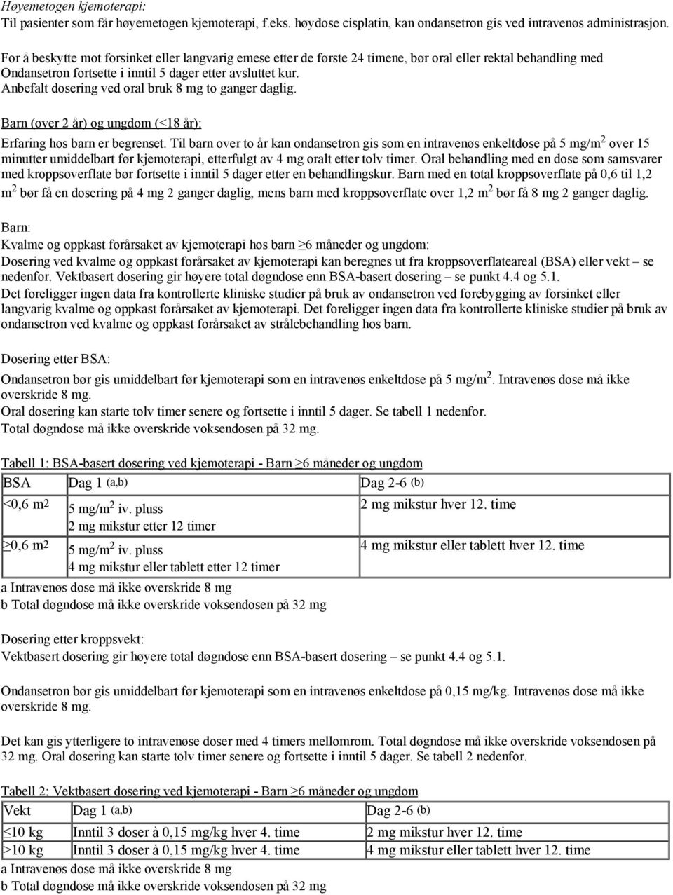 Anbefalt dosering ved oral bruk 8 mg to ganger daglig. Barn (over 2 år) og ungdom (<18 år): Erfaring hos barn er begrenset.